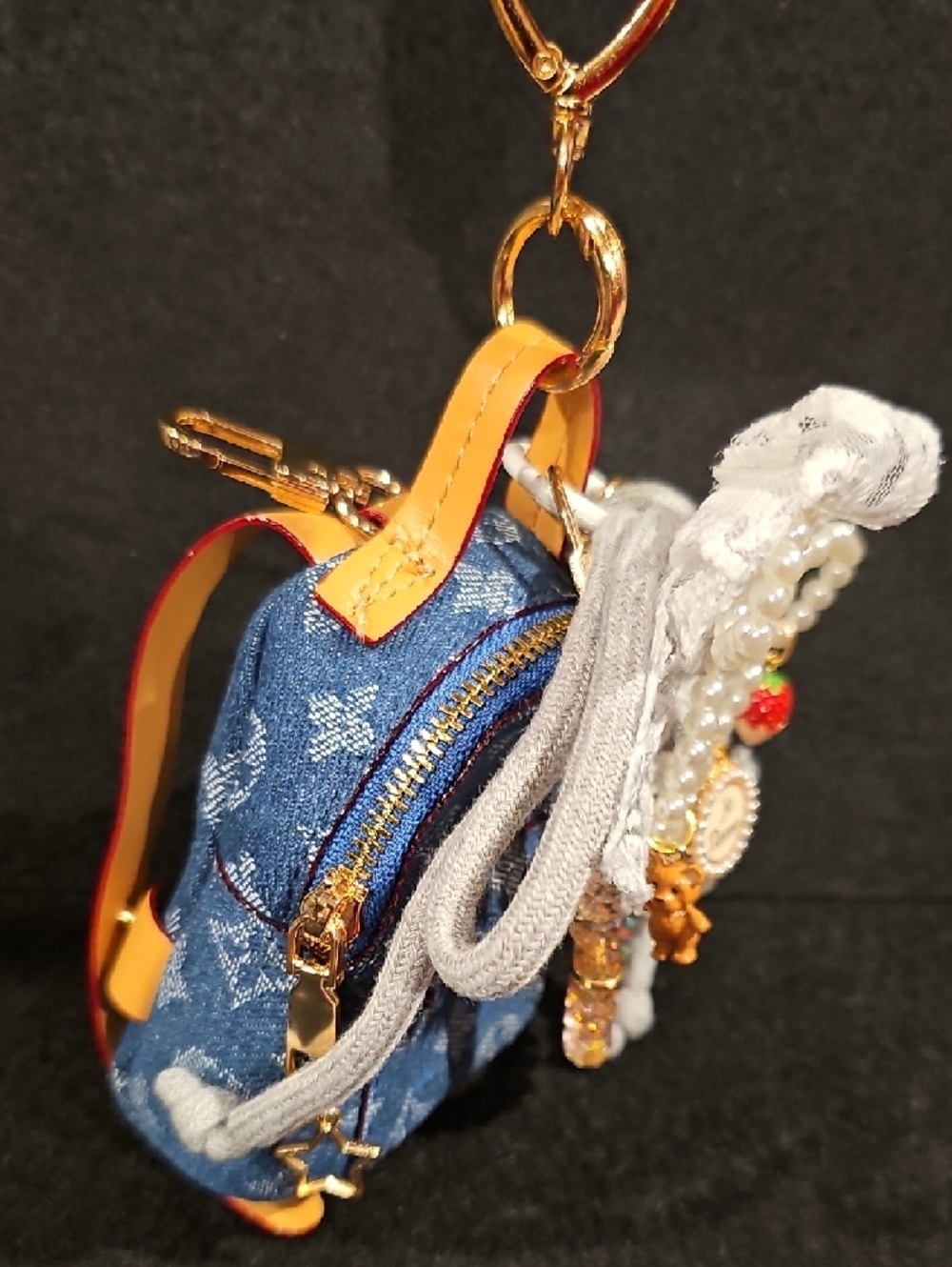 Soft Denim Mini Backpack Charm with Lace Bow & Pearls - Picture 4 of 8